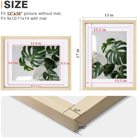 Egofine 12x16 Picture Frames Set of 4, Made of Solid Wood Covered by Plexiglass 9x12 and 11x14 with Mat or 12x16 without Mat, for Wall Mounting Photo Frame Oak Wood - Image 3