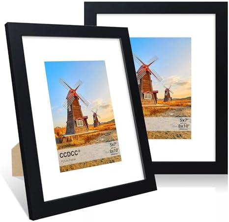 8x10 Picture Frame Set of 2, 8 x 10 Wood Photo Frames with Mat for 5x7, Wooden Frame with Real Glass Cover for Wall and Tabletop Display,Black by CCDCC