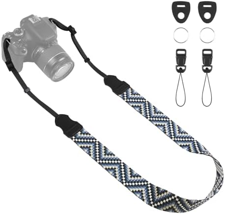 Universal Camera Strap - Camera Neck Strap, Adjustable Shoulder Straps Compatible with Canon, Fujifilm, Nikon, Olympus, Panasonic and other SLR and mirrorless cameras - Blue White Gquares by OIAWH