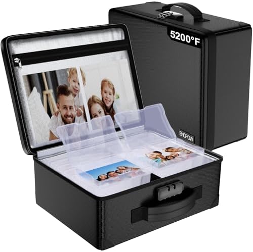 ENGPOW Fireproof 5200°F Photo Storage Box with 16 Inner 4" x 6" Photo Case(Clear), Photo Organizer with Lock, Portable Acid-Free Photo Keeper Safe Storage with Handles for Home, Office, Travel by ENGPOW