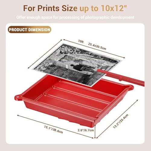 JJC 10x12” Darkroom Developing Tray for Photo Paper Prints, Film Processing Tray with Silicone Tong, Ribbed Base & Thermometer Corner, Durable PP Plastic (Red) - Image 3