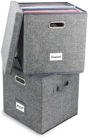 ZEDKEHO Vinyl Record Storage Box Set of 2 - Album Storage Holds 100+ Single Records, Decorative LP Storage Organizer Crate with Lid, Sturdy Moving Boxes for Records by %E2%80%8EZEDKEHO