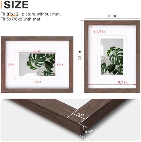 Egofine 9x12 Picture Frames Set of 4, Made of Solid Wood Covered by Plexiglass 5x7 and 6x8 with Mat or 9x12 without Mat, for Table Top Display and Wall Mounting Photo Frame Brown - Image 3