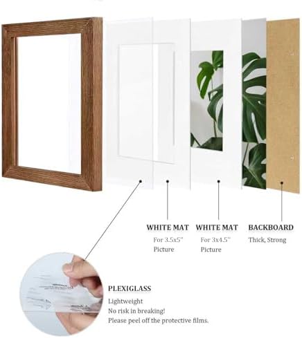 Egofine 4x6 Picture Frames Set of 4, Made of Solid Wood Covered by Plexiglass 3x4.5 and 3.5x5 with Mat or 4x6 without Mat, for Table Top Display and Wall Mounting Photo Frame,Walnut Brown - Image 4