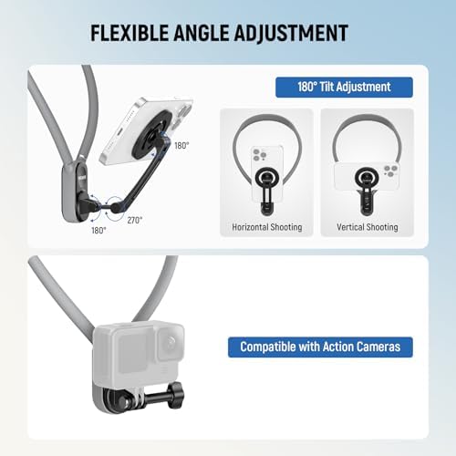 NEEWER Magnetic Neck Holder for Action Camera Phone Hands Free Neck Tripod Chest Mount Compatible with GoPro DJI Insta360 iPhone Android Phone Holder for POV Vlog, Gray, GP16 - Image 5