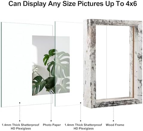 Egofine Distressed White 4x6 Floating Frames Set of 2, Double Plexiglass Picture Frame, Made of Solid Wood Display Any Size Photo up to 4x6, Wall Mount or Tabletop Standing - Image 3