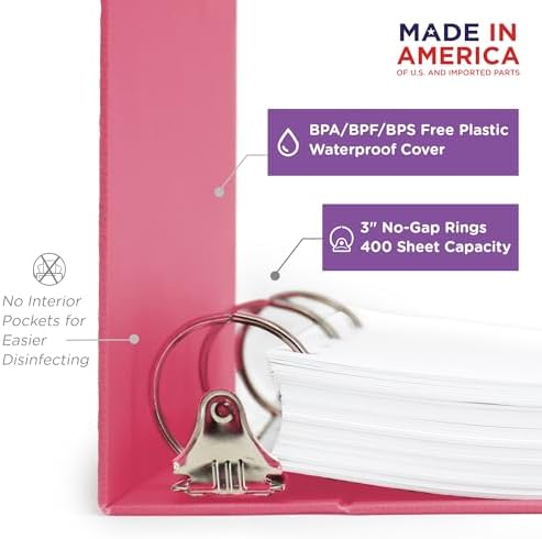 Carstens 3-Inch Heavy Duty 3-Ring Binder - Side Opening, Bubblegum Pink, Durable Plastic, Precision No-Gap Rings, Waterproof Cover, No Pockets, Holds 400 Letter Sheets, BPA-Free, Made in USA (1708-3R) - Image 3