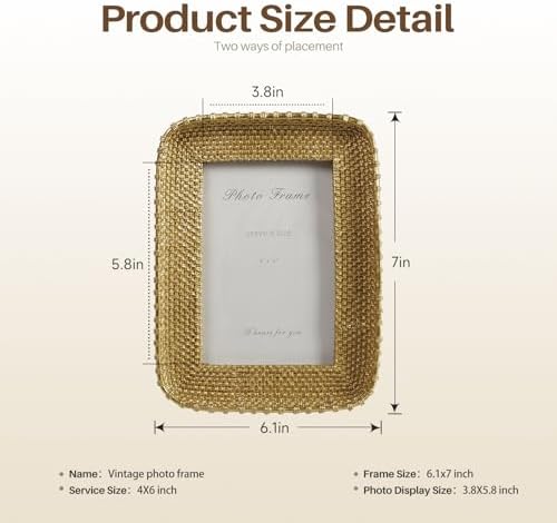 Cuspin 4x6 Gold Picture Frame, Vintage Rattan Textured Resin Photo Frame - Image 6