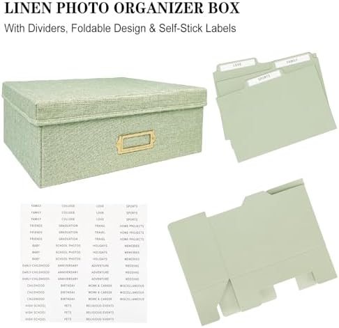Linen Photo Storage Box – Holds 1700 Photos, Photo Organizer with Lid for Photo, Pictures, 24 Adjustable Dividers & 72 Labels Multi-Use Organizer Memory Box for Envelopes, Baby, Wedding, Cards Green - Image 6