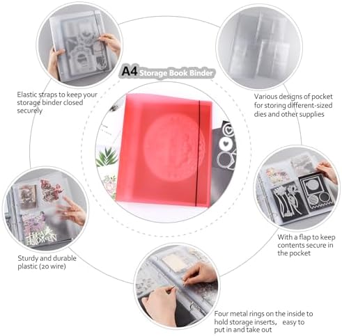 A4 Dies and Stamps Storage Book Binder Folder, Page Protectors Pockets Inserts Organizer for Cutting Dies Stencil Album Stamp Crafts, 1Pcs Red Storage Book Cover & 20 Inserts with 1/2/3/4 Pockets - Image 5