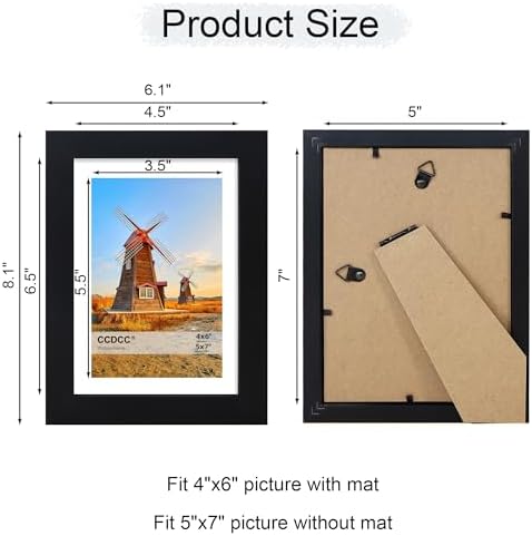 5x7 Picture Frame Set of 2, 5 x 7 Wood Photo Frames with Mat for 4x6, Wooden Frame with Real Glass Cover for Wall and Tabletop Display,Black - Image 4