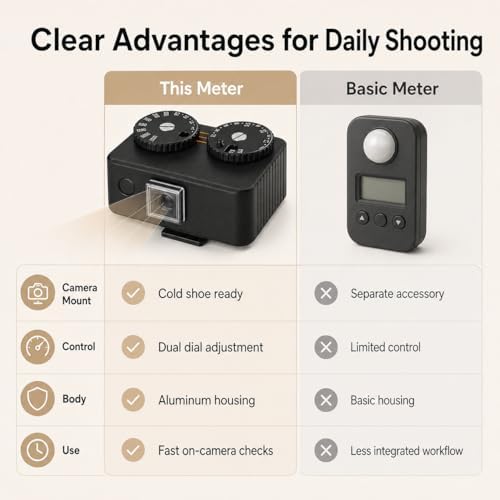TsoLay Portable Light Meter, High Precision Ambient Light Meter with Self-Adjusting Cold Shoe Interface, 45° Light Metering & 2 Dial to Adjust ISO, Durable Aluminum & Rechargeable, for Film Cameras - Image 6