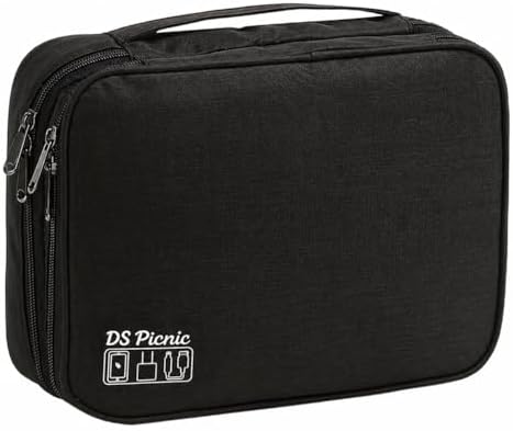 Electronic Organizer Travel Essentials Case, Waterproof Double Layer Cable Storage Pouch Bag for Charger, USB Cords, Power Bank, Phone Mouse SD Card Earphone Camera, Tablet (Up to 11 inch) by DS+Picnic