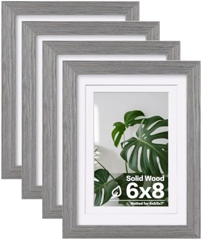 Egofine 6x8 Picture Frames Set of 4, Made of Solid Wood Covered by Plexiglass 4x6 and 5x7 with Mat or 6x8 without Mat, for Table Top Display and Wall Mounting Photo Frame Light Grey by Egofine
