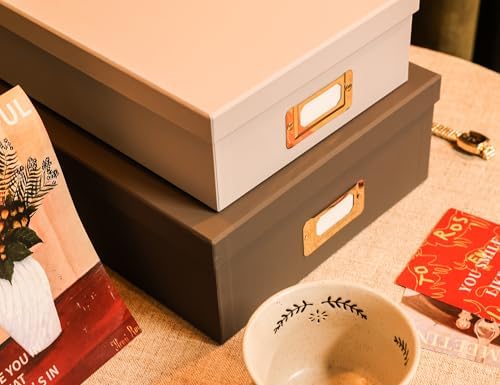2-Piece Decorative Storage Boxes with Lids, Rich and Soft Gray, Sturdy Cardboard File and Keepsake Organizer with Metal Label Holders, Stackable Document Storage Boxes for Home & Office - Image 4