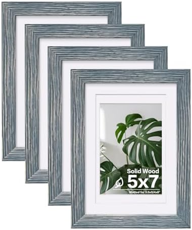Egofine 5x7 Picture Frames Set of 4, Made of Solid Wood Covered by Plexiglass 3.5x5 and 4x6 with Mat or 5x7 without Mat, for Table Top Display and Wall Mounting Photo Frame Rustic Blue by Egofine