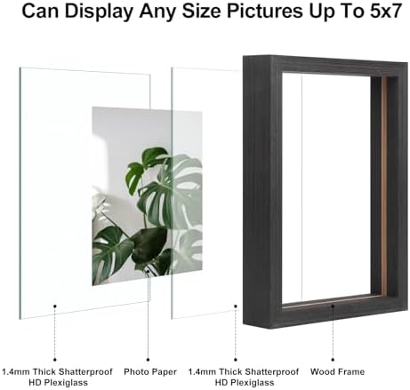 Egofine 5x7 Floating Frames Set of 2, Double Plexiglass Picture Frame, Made of Solid Wood Display Any Size Photo up to 5x7, Wall Mount or Tabletop Standing, Faded Black - Image 3