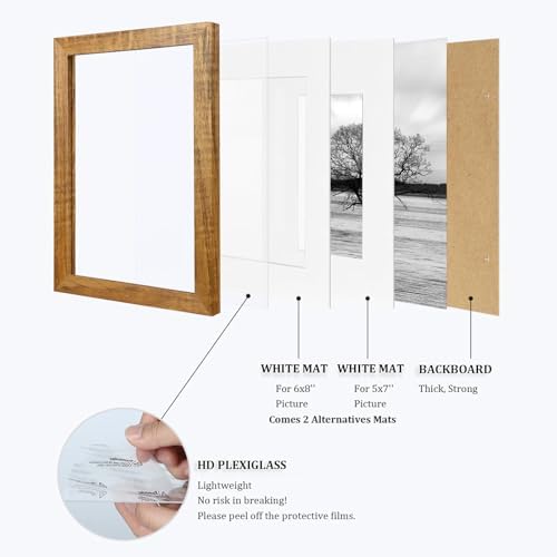 Egofine 9x12 Picture Frames 4PCS Covered by Plexiglass,Solid Wood Frames for Pictures 5x7/6x8 with Mat or 9x12 without Mat, Tabletop and Wall Mounting Display, Teak Wood - Image 5