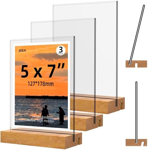 5x7 Inch Acrylic Sign Holder with Wood Base Vertical and Slant Displays(3 Pack 5*7") by JDEA