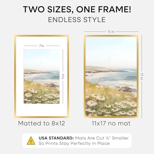 Homeforia 11x17 Gold Picture Frame, High-End Metal, 8x12 Mat, Glass - Image 2