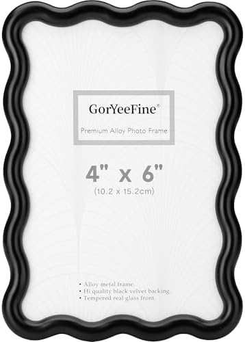 4x6'' Black Heavy Duty Photo Frame,Unique Wave Design High-End Zinc Alloy Picture Frames 6x4'',Fashionable Style Frame with Velvet & Backing for Desktop and Wall Decor by GorYeeFine