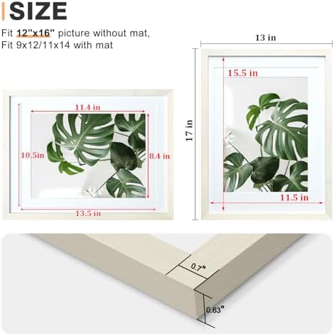 Egofine 12x16 Picture Frames Set of 4, Made of Solid Wood Covered by Plexiglass 9x12 and 11x14 with Mat or 12x16 without Mat, for Wall Mounting Photo Frame Beige - Image 3