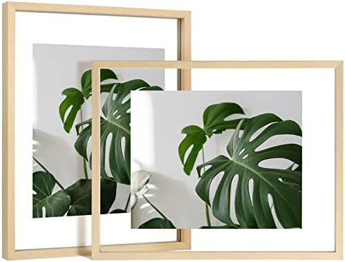 Egofine 11x14 Floating Frames Set of 2, Double Plexiglass Picture Frame, Made of Solid Wood Display Any Size Photo up to 11x14, Wall Mount or Tabletop Standing, Natural Wood by Egofine