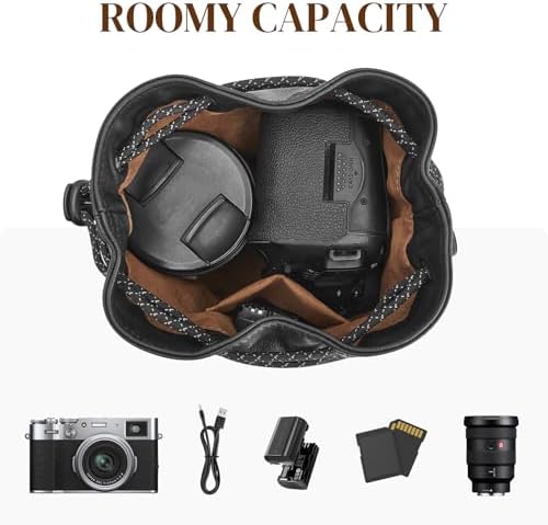 S-ZONESoft Leather Camera Insert Bag Drawstring Camera Pouch DSLR Lens Case - Image 3