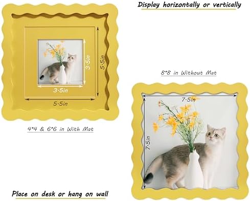 8x8 Yellow Picture Frame with Mat for 6x6/4x4, Curved Wavy Edge Deco Wooden Real Glass, Vertical or Horizontal Display Photo Gallery Wall & Tabletop Frame - Image 3