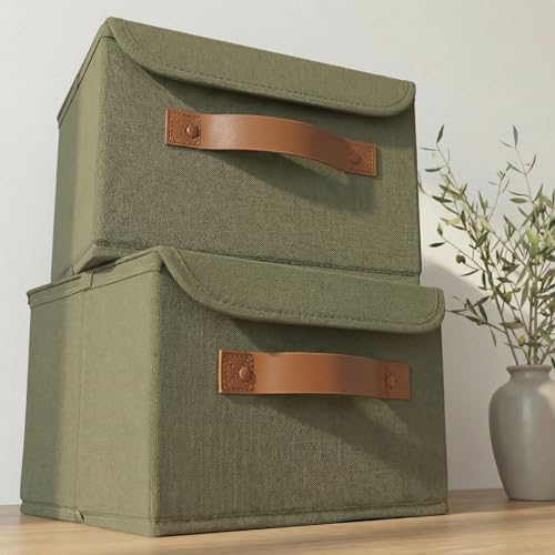 Decorative Linen Storage Boxes with Lids - Spacious Set of 2 Organizer Bins by ZICOTO
