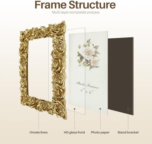 Cuspin 4x6 Picture Frame Gold Vintage Ornate Rose Flower Resin Frame - Image 5