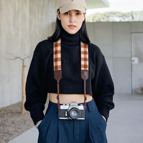 Padwa Lifestyle Camera Strap - 2" Full Grain Leather Ends Camera Straps for Photographers, Unique Vintage Cashmere and Soft Suede Fabric Padded Strap Quick Release fits All Cameras(Beige Brown Check) - Image 2