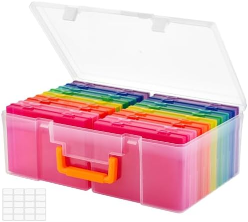 ALINK Photo Storage Box 5" x 7" with Handle, 18 pcs Inner Photo Containers Organizer and Craft Keeper, Portable Picture Case with Label for Seed, Arts, Crafts, Sewing, Stickers, Office - Colorful by ALINK