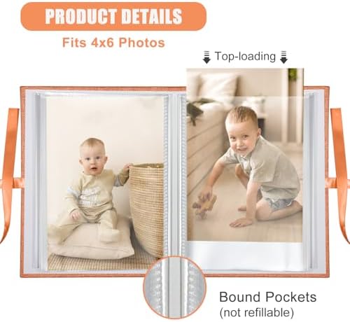 Photo Album 4x6 100 Pockets, Slip-in Picture Albums, Linen Cover Top Loader Vertical Pockets Albums for Baby, Kids Boy Girls, Wedding, Family, Anniversary, Orange - Image 3