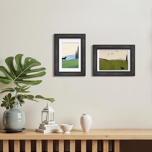 Egofine 4x6 Picture Frames Set of 4, Made of Solid Wood Covered by Plexiglass 3x4.5 and 3.5x5 with Mat or 4x6 without Mat, for Table Top Display and Wall Mounting Photo Frame, Driftwood Black - Image 2