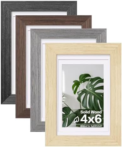 Egofine 4x6 Picture Frame Set of 4, Made of Solid Wood Multicolor Photo Frames Covered by Plexiglass 3x4.5 and 3.5x5 with Mat or 4x6 without Mat, for Table Top Display and Wall Mounting by Egofine