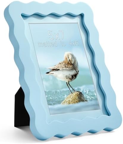 5x7 Blue Picture Frame with Mat for 4x6, Curved Wavy Edge Deco Wooden Real Glass, Vertical or Horizontal Display Photo Gallery Wall & Tabletop Frame by Gdfmsc