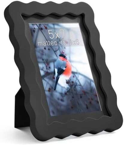 5x7 Black Picture Frame with Mat for 4x6, Curved Wavy Edge Deco Wooden Real Glass, Vertical or Horizontal Display Photo Gallery Wall & Tabletop Frame by Gdfmsc