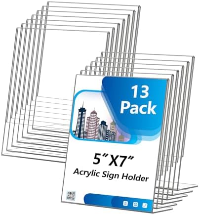Acrylic Sign Holder 5x7 Inches, 13 Pack Clear Plastic Table Flyer Display Stand, L-Shape Vertical Menu Paper Holder Stand, Clear Picture Photo Flyer Display Stand for Restaurants, Store Fair,Office by Unknown