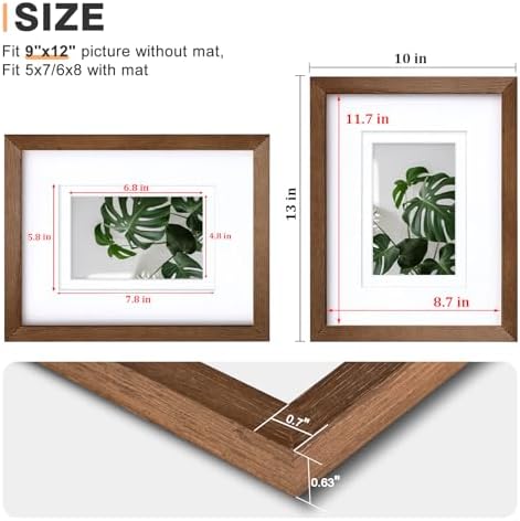 Egofine 9x12 Picture Frames Set of 4, Made of Solid Wood Covered by Plexiglass 5x7 and 6x8 with Mat or 9x12 without Mat, for Table Top Display and Wall Mounting Photo Frame,Walnut Brown - Image 3
