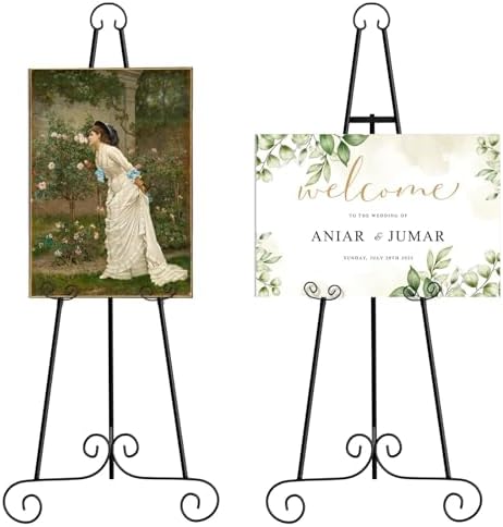 2 Pack 46'' Metal Round Tube Scroll Display Easel, Classic Black Decorative Large Adjustable Floor Standing Easel with Chain Support, Perfect for Showcasing Pictures, Artwork, Wedding Sign Etc by Nandae