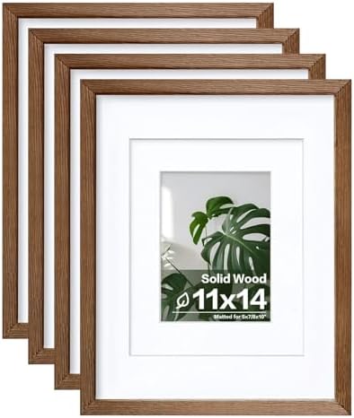 Egofine 11x14 Picture Frames Set of 4, Made of Solid Wood Covered by Plexiglass 5x7 and 8x10 with Mat or 11x14 without Mat, for Table Top Display and Wall Mounting Photo Frame,Walnut Brown by Egofine