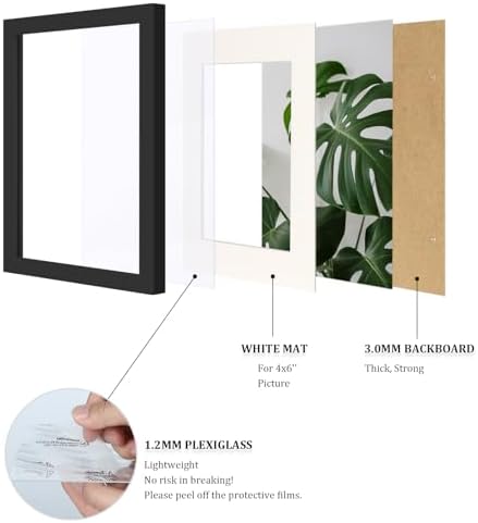 Egofine 6x8 Picture Frames Set of 4, Made of Solid Wood Covered by Plexiglass 4x6 and 5x7 with Mat or 6x8 whitout Mat, for Table Top Display and Wall Mounting Photo Frame Black - Image 4