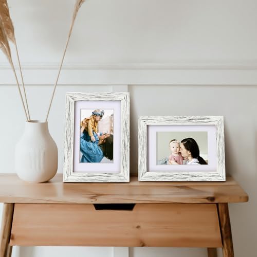 Egofine 4x6 Picture Frames Set of 4, Made of Solid Wood Covered by Plexiglass 3x4.5 and 3.5x5 with Mat or 4x6 without Mat, for Table Top Display and Wall Mounting Photo Frame, Driftwood White - Image 5
