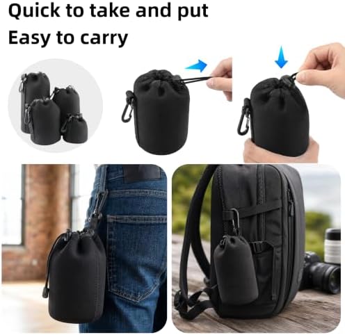Camera Lens Bag, 4 Pack Protective Neoprene Lens Pouch with Drawstring & Carabiner, Lens Case for DSLR Camera Lens(S/M/L/XL) (M 4pcs) - Image 4