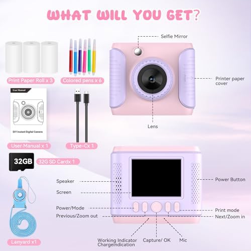 Kids Instant Print Camera,Christmas Birthday Gifts for Girls and Boys,1080P HD Video Digital Kids Camera with Print Paper&32G Card,Toddler Toy for 3-14 Years Old (Pink) - Image 6