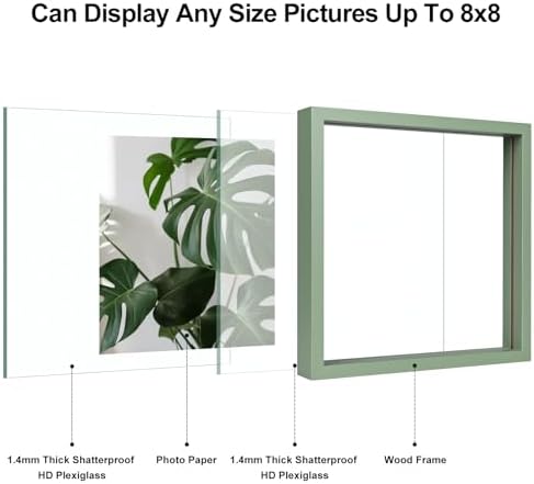 Egofine 8x8 Floating Frames Set of 2, Double Plexiglass Picture Frame, Made of Solid Wood Display Any Size Photo up to 8x8, Wall Mount or Tabletop Standing, Green - Image 3