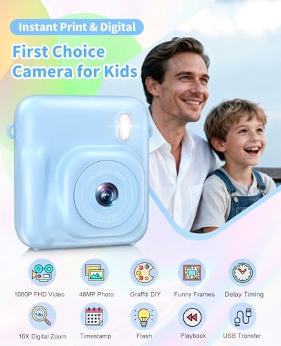 Kids Camera Instant Print, 1080P Dual-Lens Digital Camera for Kids, Blue - Image 2