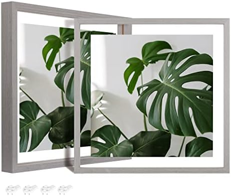 Egofine 12x12 Floating Frames Set of 2, Double Plexiglass Picture Frame, Made of Solid Wood Display Any Size Photos up to 12x12, Wall Mount or Tabletop Standing, Light Grey by Egofine