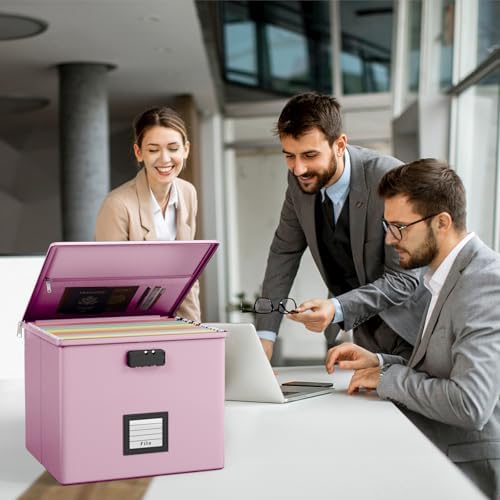 Pink Fire Proof File Box for Documents - Portable Fireproof Document Organizer Box with Handle Waterproof Safe Locking Folder Storage with Lid - Image 2